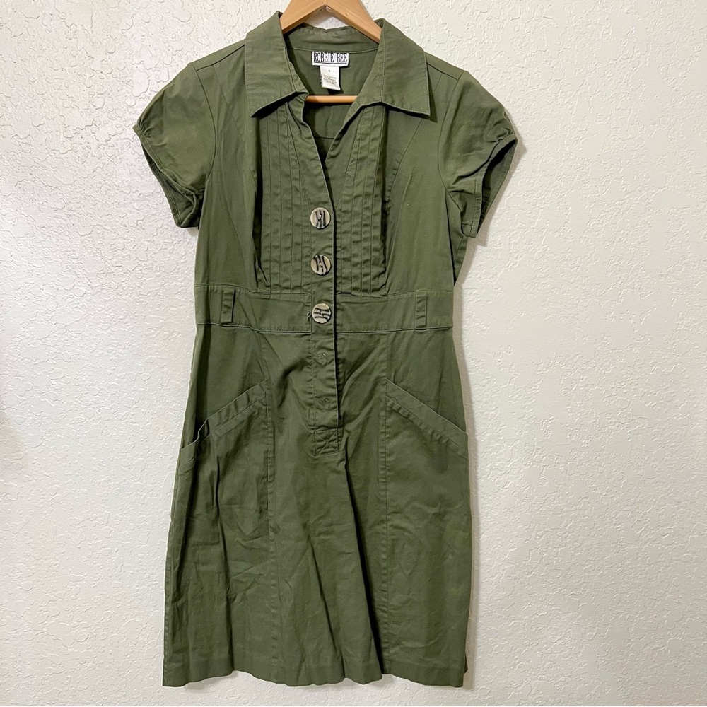 Robbie Bee Olive Green Dress‎ Short Sleeve Buttons Pockets Casual Vintage Retro